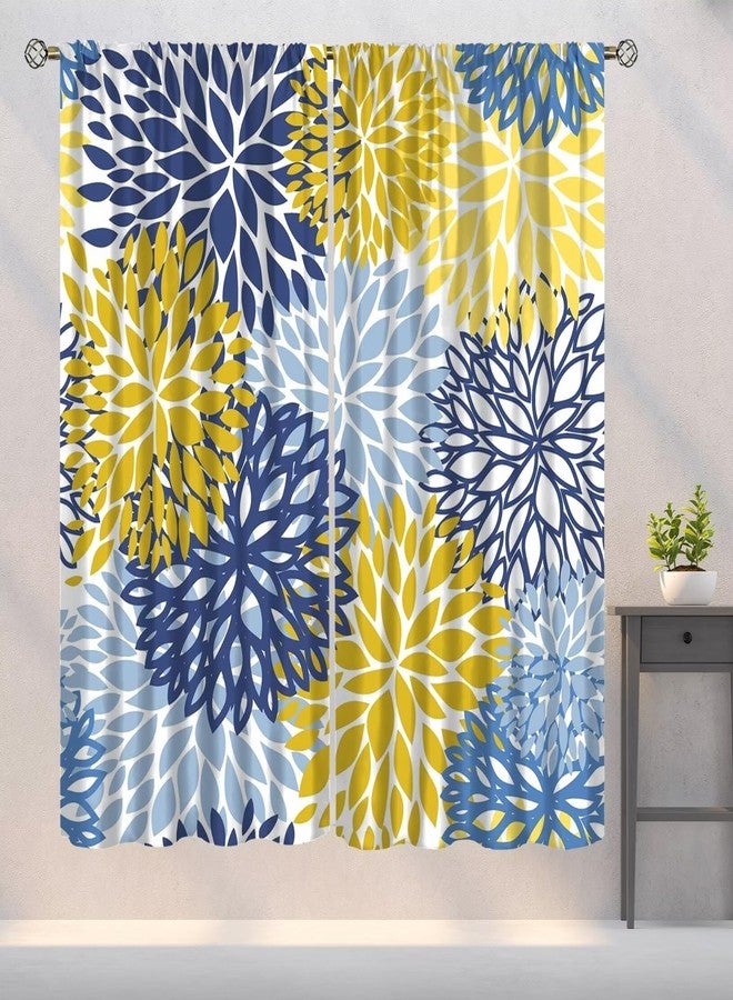 YSWOW Yellow Blue Floral Curtains, Boho Dahlia Chrisanthemum Flowers Art Printed Window Drapes for Bedroom Living Room Kitchen Decor Fabric Set 2 Panel 42x45 Inch 30% Shading Rate - Image 1